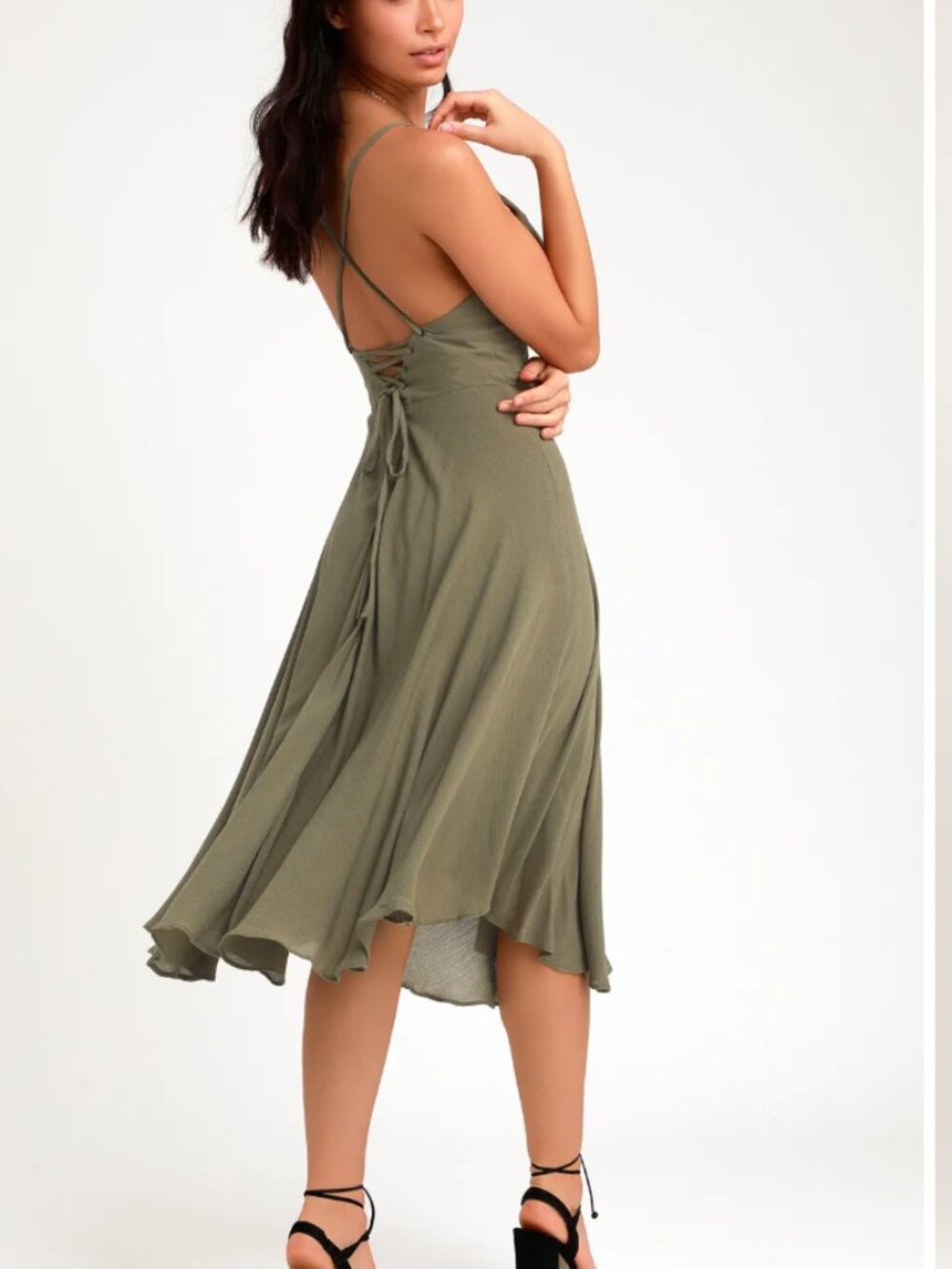 Lulu's Olive Green Midi Dress with Lace-Up Back